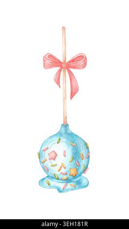 Blue cake pop con spruzzette e fiocco rosa isolato dallo sfondo. Arte acquerello. Per adesivi di caramelle, biglietti di compleanno, inviti alla festa, dessert avvolti Foto Stock