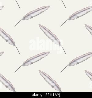 Illustrazione in acquerello vintage con motivo piuma senza cuciture su sfondo crema. Antica penna quill per il branding dello scrittore giornalistico, poesia retrò Foto Stock