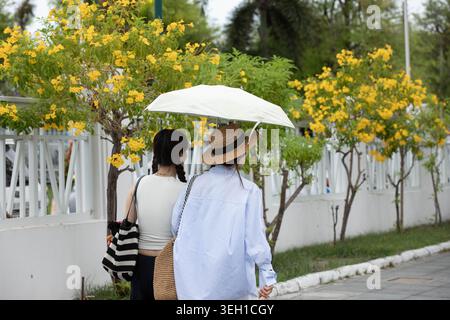 Le donne che tengono in mano un ombrello e camminano insieme, viaggiano esplorando la città camminando, vista posteriore Foto Stock