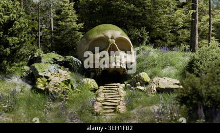 Grande grotta di pietra teschio si trova tra gli alberi in una foresta. E' coperto di muschio verde e circondato da rocce. un piccolo gruppo di gradini conduce al cranio, Foto Stock