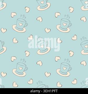 motivo con graziose tazze da caffè disegnate a mano e piccoli cuori su sfondo blu pastello per il design del menu', stampa tessile da cucina e regalo di san valentino wra Illustrazione Vettoriale