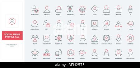I simboli dei tag dei profili dei social media per identità utente, denominazione account, login, avatar, handle ed etichettatura di rete su piattaforme digitali le icone di linea nera rossa impostano un'illustrazione vettoriale Illustrazione Vettoriale