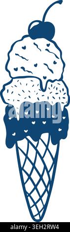 Gelato ai frutti di bosco con cono di waffle in stile mediterraneo. Schizzo disegnato a mano con inchiostro blu su sfondo bianco. La panna da dessert si avvolge con ciliegie e spruzza Illustrazione Vettoriale
