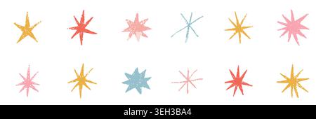 Colorate stelle del pastello disegnate a mano con texture a matita per il design dei bambini. Graziosi elementi scintillanti, scarabocchi pastello e forme infantili per l'arte scolastica, motivi, decorazioni e sfondi. Illustrazione Vettoriale