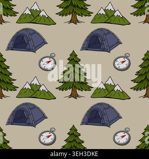 Struttura vettoriale perfetta di elementi da campeggio con tende, pini, montagne innevate e bussole su uno sfondo neutro. Illustrazione Vettoriale