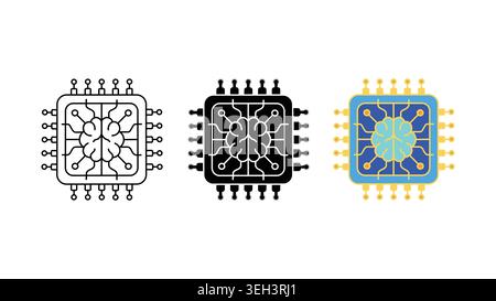 Set di icone Microchip di intelligenza artificiale con Brain on Circuit Board Illustrazione Vettoriale