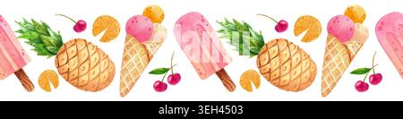 Gelato e contorno ananas. Motivo orizzontale acquerello con frutta tropicale e dessert disegnati a mano. Brillante illustrazione di dolci per la stampa, c Foto Stock