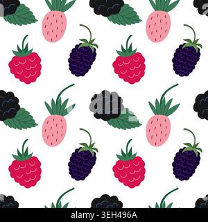 Design a motivi geometrici con fragole, lamponi e more. Ogni frutto ha colori vivaci con foglie verdi. Ideale per il confezionamento di alimenti o per il confezionamento di alimenti Illustrazione Vettoriale