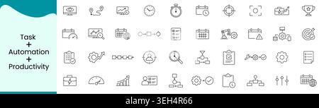 Set di icone Task Automation and Productivity, Workflow Management Business Efficiency e Smart Office Line Vector Icons for Digital Operations Illustrazione Vettoriale
