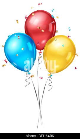 I palloncini in blu, rosso e giallo galleggiano insieme a nastri e coriandoli su sfondo bianco, evocando festeggiamenti e gioia. Illustrazione Vettoriale