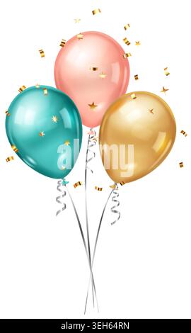 I palloncini in verde acqua, rosa e oro fluttuano insieme a nastri d'argento e sono circondati da coriandoli e stelle dorate su sfondo bianco. Illustrazione Vettoriale