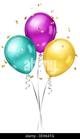Palloncini in viola, oro e verde acqua fluttuano con nastri e coriandoli dorati su sfondo bianco. Illustrazione Vettoriale