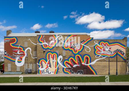 Harmony Wall Art Mural sull'Old Brick Building a Crookston, Minnesota Foto Stock