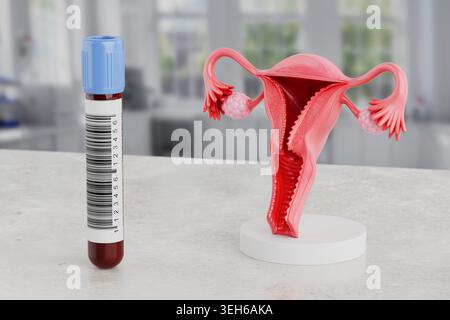 Salute riproduttiva femminile, test ginecologici e diagnosi di laboratorio concetto. Modello utero umano con provetta per campioni di sangue nei laboratori clinici Foto Stock