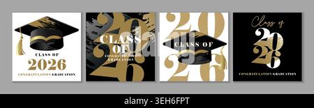 Classe 2026, design creativo di poster grunge con cappello graduato e numeri. Complimenti per i modelli moderni di laurea con tipografia e cappuccio Illustrazione Vettoriale