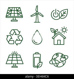 Illustrazione delle icone Green Energy (energia verde) e Eco Sustainability Line (Eco Sustainability) Illustrazione Vettoriale