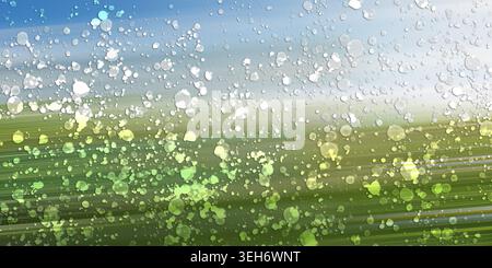 Uno sfondo astratto vibrante che mostra sfocature del movimento orizzontale con particelle di luce sparse e brillanti in sfumature di verde e blu. Foto Stock