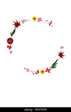 Decorazione astratta di ghirlande di foglie di fiori secche su sfondo bianco. Design minimal decorativo zen art per biglietti d'auguri, logo, invito. Foto Stock