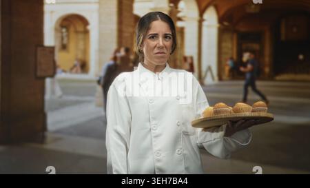 Chef donna che tiene in mano un vassoio di muffin in legno con la mano destra, che grida mentre presenta prodotti da forno in un edificio storico; ospitalità scomoda. Foto Stock