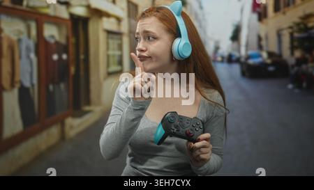 Donna rossa che tiene in mano un gamepad e punta il dito indice mentre indossa le cuffie blu per strada; contemplazione. Foto Stock