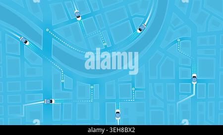 Percorsi di navigazione per veicoli autonomi sulla Smart City Map. Sistema di controllo della velocità del traffico. Illustrazione vettoriale Illustrazione Vettoriale