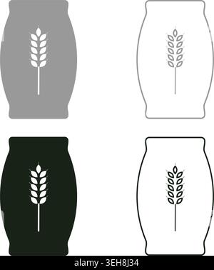 Sacco con farina sacchetto di tela pieno zucchero sale grano orecchio con pacchetto granella icona grigio nero vettoriale immagine semplice Illustrazione Vettoriale