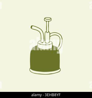 Spruzzatore d'acqua o mister vintage disegnato a mano. Strumento di giardinaggio retrò per la cura delle piante in interni. Icona verde oliva isolata su sfondo chiaro Illustrazione Vettoriale