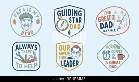 Set di badge e emblema per la festa del papà con illustrazioni retro Dad e temi all'aperto Illustrazione Vettoriale