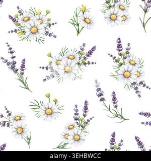 Camomilla e fiori di lavanda motivo senza cuciture su sfondo bianco. Design floreale floreale dipinto a mano per tessuto, carta da parati, confezione regalo, cancelleria Foto Stock