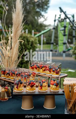 Strati di frutti di bosco freschi e frutta gialla disposti in bicchieri trasparenti su vassoi neri da portata. Ideale per promuovere feste salutari per bambini e attività all'aperto Foto Stock