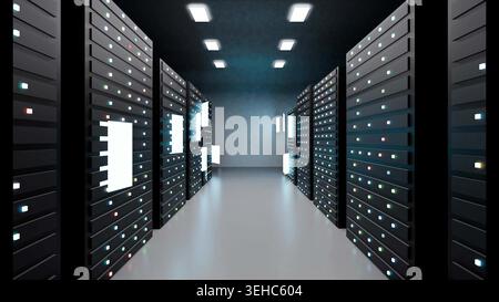 Server per data center computer con apprendimento automatico esegue il rendering 3d. Foto Stock