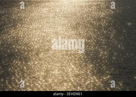 Ampio angolo di visione del riflesso dorato estivo su una superficie di acqua scura, con scintillanti motivi di luce bokeh e una naturale texture astratta dello sfondo. Foto Stock