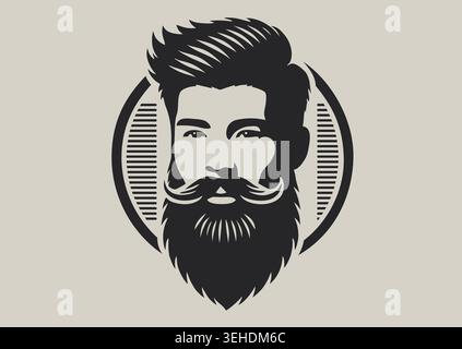 Vettoriale minimalista di illustrazioni con ritratti hipster diffidenti e scettici. Giovane uomo barbuto sembra sfacciato e sospetto. Silhouette alla moda, emblema Illustrazione Vettoriale