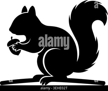 Silhouette nera di uno scoiattolo che regge una ghianda con coda cespugliosa isolata su sfondo bianco, graziosa illustrazione vettoriale di animali boscosi. Illustrazione Vettoriale