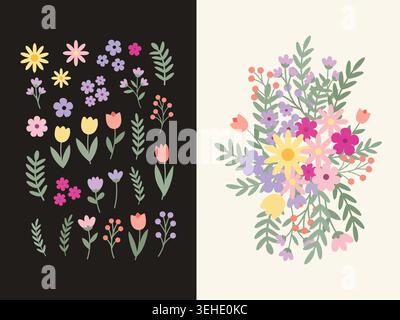 Set di elementi floreali disegnati a mano e un bellissimo bouquet di fiori primaverili Illustrazione Vettoriale