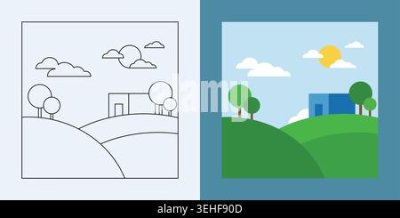 Serie di illustrazioni paesaggistiche con una casa, alberi, colline e nuvole sia in linea che in tinta piatta Illustrazione Vettoriale