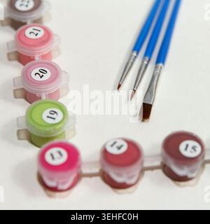 Forniture d'arte, compresi contenitori per vernici e spazzole disposti in modo ordinato su una superficie bianca. In piccoli contenitori sono visibili vari colori Foto Stock