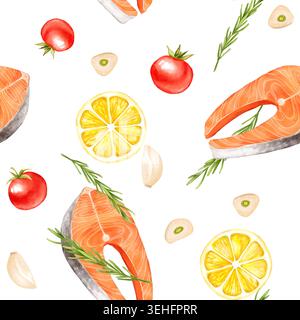 Illustrazione senza interruzioni di un modello ripetuto con bistecche di salmone, pomodori, limone, aglio e rosmarino Foto Stock