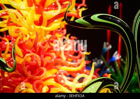 Una fotografia ravvicinata di intricate sculture in vetro soffiato a mano con forme organiche vibranti. La composizione mostra spirali di Foto Stock