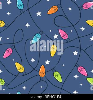Motivo vettoriale senza cuciture, ghirlanda natalizia con lampadine colorate e stelle bianche su sfondo blu scuro. Gesso a matita disegnato a mano, ripetere la trama f Illustrazione Vettoriale