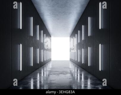 Corridoio minimalista futuristico in cemento con simmetriche luci al neon verticali sulle pareti e pavimento riflettente lucido che conduce ad un'uscita Foto Stock