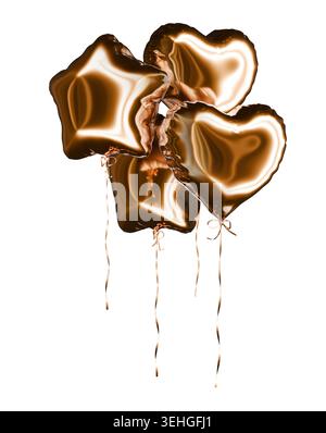 Palloncini dorati in varie forme, tra cui classico, stella e cuore, raggruppati su uno sfondo pulito e isolato. Rendering 3D realistico Foto Stock