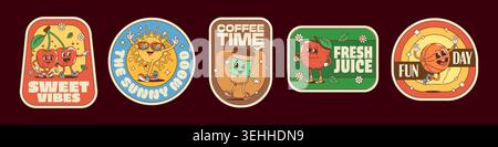 Adesivi per etichette hippie, personaggi divertenti, toppe retrò con ciliegia sorridente, sole, tazza di caffè, mela e palla da basket favoriscono dolci vibrazioni, atmosfera solare, tempo di caffè, succo di frutta fresco e divertente atmosfera diurna Illustrazione Vettoriale