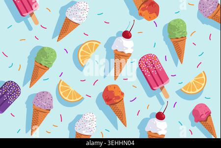 Coni per gelato popsicles delizie estive con motivi senza cuciture dolci colorati fette di limone cosparse di sfondo blu design divertente Illustrazione Vettoriale