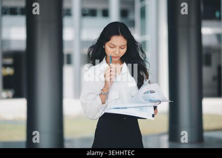 Donna professionista che studia grafici aziendali con una penna in un moderno corridoio di uffici, mostrando pensiero strategico, revisione finanziaria, processo decisionale, truffa Foto Stock