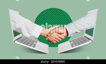 L'accordo commerciale si svolge attraverso incontri online con stretta di mano tra due persone Foto Stock