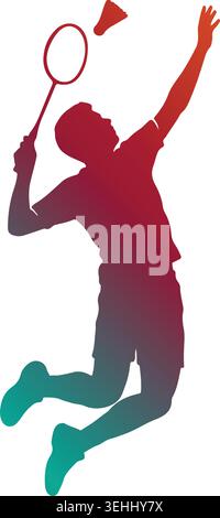Una silhouette dinamica e sfumata di un giocatore di badminton che salta in alto a mezz'aria per distruggere un rubinetto con la sua racchetta durante un'intensa partita sportiva. Illustrazione Vettoriale