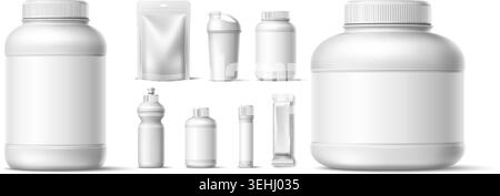 Confezioni realistiche per la nutrizione sportiva. Modelli di contenitori in polvere proteica. Barattoli e borse di plastica per integratori per l'allenamento. Allenamento di bodybuilding Illustrazione Vettoriale
