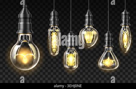 Lampadine realistiche in stile loft. Modelli 3D di lampadine Edison brillanti. Design steampunk vintage. Vari tipi di filamenti e forme di lampade. Rimanete in attesa Illustrazione Vettoriale