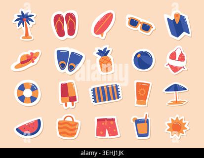Confezione da collezione di oggetti da spiaggia disegnata a mano con forme imperfette. Perfetto per adesivi, supporti digitali e materiali di design stagionali. Illustrazione Vettoriale